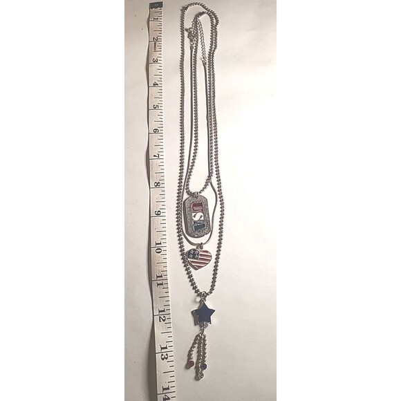 Vintage Lot of 3 Red White Blue Silvertone Patriotic Necklaces Stars Stripes - Picture 2 of 8